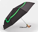 Open umbrella seen from the side, showing the birch duck-head handle